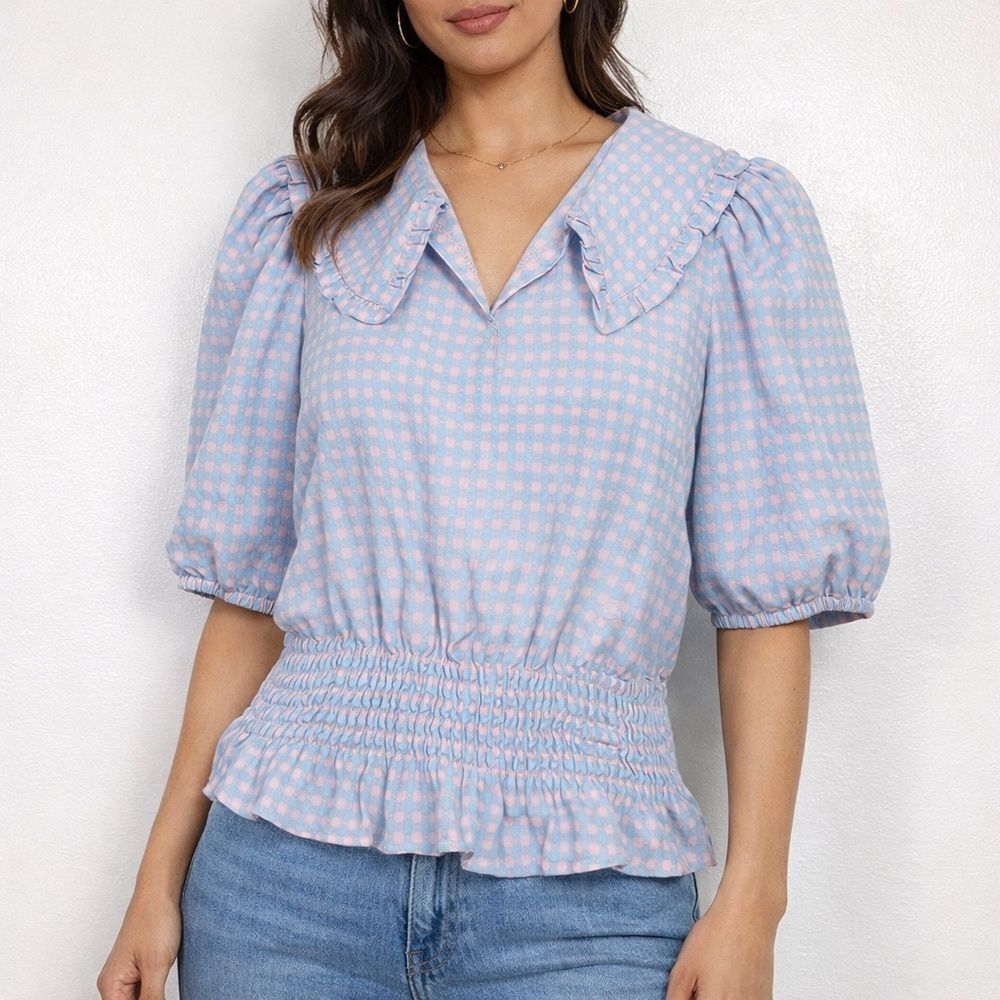 GREYLIN Gingham Smocked Puff Sleeve Top | Blue & Pink | Small
